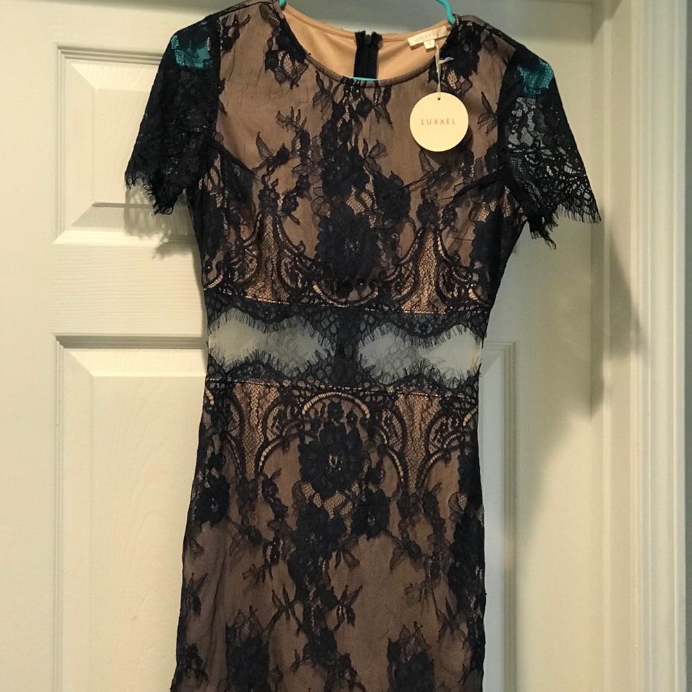 Luxxel Navy Lace dress with Mesh mid section